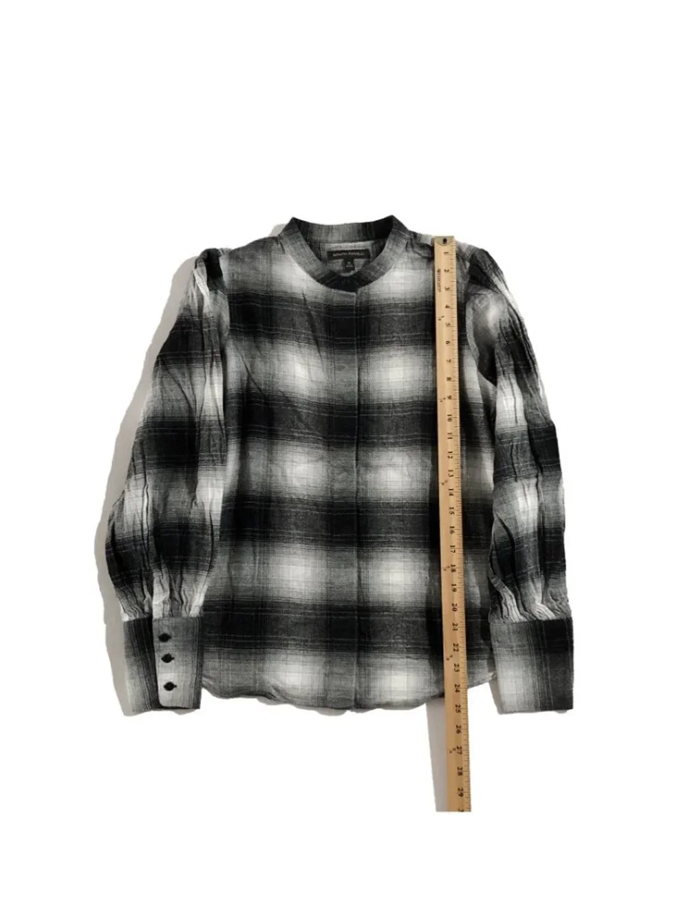 Banana Republic Blouse Womens Size M Black White Plaid Puff Sleeve Flannel
